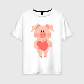 Женская футболка хлопок Oversize с принтом Love Pig в Новосибирске, 100% хлопок | свободный крой, круглый ворот, спущенный рукав, длина до линии бедер
 | 2019 | дед мороз | дом | елка | желание | животные | зима | кабан | милый | мороз | настроение | новый год | пеппа | подарок | позитив | поросенок | праздник | радость | рождество | санта клаус | свинка
