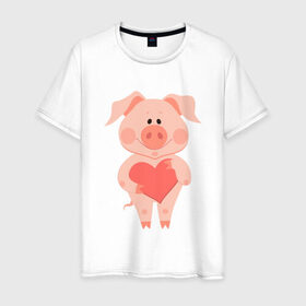 Мужская футболка хлопок с принтом Love Pig в Новосибирске, 100% хлопок | прямой крой, круглый вырез горловины, длина до линии бедер, слегка спущенное плечо. | Тематика изображения на принте: 2019 | дед мороз | дом | елка | желание | животные | зима | кабан | милый | мороз | настроение | новый год | пеппа | подарок | позитив | поросенок | праздник | радость | рождество | санта клаус | свинка