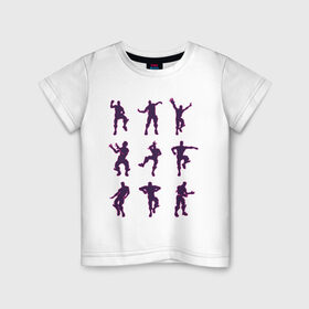 Детская футболка хлопок с принтом Fortnite dance в Новосибирске, 100% хлопок | круглый вырез горловины, полуприлегающий силуэт, длина до линии бедер | Тематика изображения на принте: battle | dancer | royale | игрок | контур | силуэты | танец | танцор