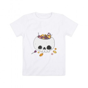 Детская футболка хлопок с принтом Череп с конфетами в Новосибирске, 100% хлопок | круглый вырез горловины, полуприлегающий силуэт, длина до линии бедер | голова | конфеты | кость | леденцы | скальп | скальпель | сладости | ужасы | хоррор | череп | черепок
