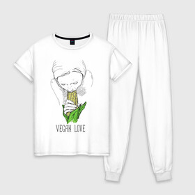 Женская пижама хлопок с принтом Vegan Love в Новосибирске, 100% хлопок | брюки и футболка прямого кроя, без карманов, на брюках мягкая резинка на поясе и по низу штанин | веганство | вегетарианство | здоровье | зелень | кукуруза | любовь | овощ | овощи | растение