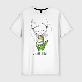 Мужская футболка хлопок Slim с принтом Vegan Love в Новосибирске, 92% хлопок, 8% лайкра | приталенный силуэт, круглый вырез ворота, длина до линии бедра, короткий рукав | Тематика изображения на принте: веганство | вегетарианство | здоровье | зелень | кукуруза | любовь | овощ | овощи | растение
