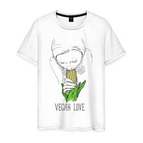 Мужская футболка хлопок с принтом Vegan Love в Новосибирске, 100% хлопок | прямой крой, круглый вырез горловины, длина до линии бедер, слегка спущенное плечо. | веганство | вегетарианство | здоровье | зелень | кукуруза | любовь | овощ | овощи | растение