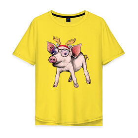 Мужская футболка хлопок Oversize с принтом Свинья Олень в Новосибирске, 100% хлопок | свободный крой, круглый ворот, “спинка” длиннее передней части | зима | новый год | олени | свинка | свинья
