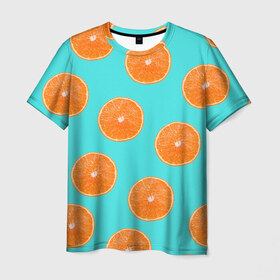 Мужская футболка 3D с принтом Апельсины в Новосибирске, 100% полиэфир | прямой крой, круглый вырез горловины, длина до линии бедер | Тематика изображения на принте: апельсин | апельсины | грейпфрукт | грейпфрут | разрез | сочный | фрукт