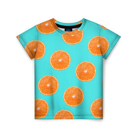 Детская футболка 3D с принтом Апельсины в Новосибирске, 100% гипоаллергенный полиэфир | прямой крой, круглый вырез горловины, длина до линии бедер, чуть спущенное плечо, ткань немного тянется | Тематика изображения на принте: апельсин | апельсины | грейпфрукт | грейпфрут | разрез | сочный | фрукт
