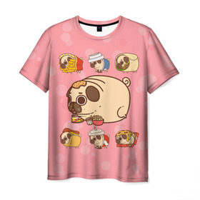 Мужская футболка 3D с принтом Толстый Мопс в Новосибирске, 100% полиэфир | прямой крой, круглый вырез горловины, длина до линии бедер | fastfood | free | junkfood | pug | бургер | еда | картошка | кола | пицца | собака | фастфуд | фри | хотдог | чипсы | шаурма