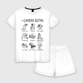Женская пижама с шортиками хлопок с принтом The camera sutra в Новосибирске, 100% хлопок | футболка прямого кроя, шорты свободные с широкой мягкой резинкой | kamasutra | выдержка | позы | фотка | фото | фотоаппарат | фотограф | фотография | фотосессия | штатив | экспозиция