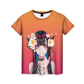 Женская футболка 3D с принтом Девушка - сакура в Новосибирске, 100% полиэфир ( синтетическое хлопкоподобное полотно) | прямой крой, круглый вырез горловины, длина до линии бедер | anime | аниме | анимешница | девушка | иллюстрация | милая | мультик | сакура | тян | тянка | цветы