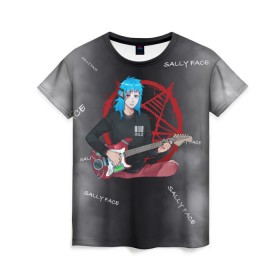 Женская футболка 3D с принтом Sally Face with a Guitar в Новосибирске, 100% полиэфир ( синтетическое хлопкоподобное полотно) | прямой крой, круглый вырез горловины, длина до линии бедер | fisher | larry johnson | mask | sally  face | sally fisher | sallyface | демоны | духи | маска | пентаграмма | призраки | рок | салли | салли фейс | салли фишер | фейс | шепот