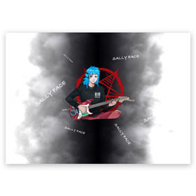 Поздравительная открытка с принтом Sally Face with a Guitar в Новосибирске, 100% бумага | плотность бумаги 280 г/м2, матовая, на обратной стороне линовка и место для марки
 | Тематика изображения на принте: fisher | larry johnson | mask | sally  face | sally fisher | sallyface | демоны | духи | маска | пентаграмма | призраки | рок | салли | салли фейс | салли фишер | фейс | шепот