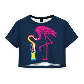 Женская футболка 3D укороченная с принтом Кислотный фламинго в Новосибирске, 100% полиэстер | круглая горловина, длина футболки до линии талии, рукава с отворотами | Тематика изображения на принте: кислотные костюмы | кислотные цвета | неон | флуоресцентные принты