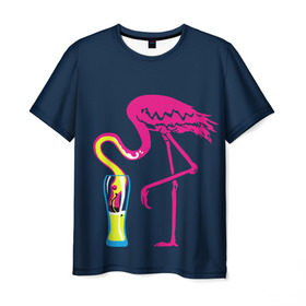 Мужская футболка 3D с принтом Кислотный фламинго в Новосибирске, 100% полиэфир | прямой крой, круглый вырез горловины, длина до линии бедер | Тематика изображения на принте: кислотные костюмы | кислотные цвета | неон | флуоресцентные принты