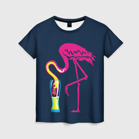 Женская футболка 3D с принтом Кислотный фламинго в Новосибирске, 100% полиэфир ( синтетическое хлопкоподобное полотно) | прямой крой, круглый вырез горловины, длина до линии бедер | Тематика изображения на принте: кислотные костюмы | кислотные цвета | неон | флуоресцентные принты