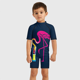 Детский купальный костюм 3D с принтом Кислотный фламинго в Новосибирске, Полиэстер 85%, Спандекс 15% | застежка на молнии на спине | кислотные костюмы | кислотные цвета | неон | флуоресцентные принты