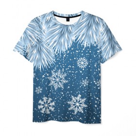 Мужская футболка 3D с принтом Snowflakes в Новосибирске, 100% полиэфир | прямой крой, круглый вырез горловины, длина до линии бедер | art | background | christmas | new year | snow | snowflakes | арт | ветки | ёлка | минимализм | новый год | рождество | снег | снежинки | фон