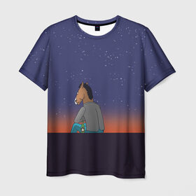 Мужская футболка 3D с принтом Конь Бо Джек в Новосибирске, 100% полиэфир | прямой крой, круглый вырез горловины, длина до линии бедер | конь бо джек | мультфильм | ночь