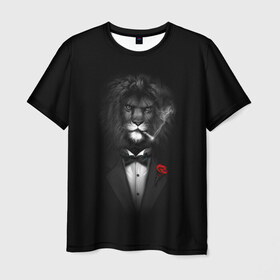 Мужская футболка 3D с принтом Лев в Новосибирске, 100% полиэфир | прямой крой, круглый вырез горловины, длина до линии бедер | Тематика изображения на принте: арт | бабочка | грива | дым | животное | костюм | лев | минимализм | роза | смокинг | хищник | царь зверей