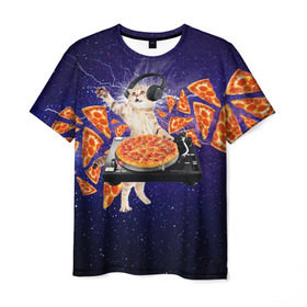 Мужская футболка 3D с принтом Пицца - Кот в Новосибирске, 100% полиэфир | прямой крой, круглый вырез горловины, длина до линии бедер | cat | galaxy | lightning | pizza | грозовой кошак | диджей | космос | кот | котики | котэ | кошак | метеориты | молния | пицца | прикол | приколы с котами | прикольная