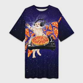 Платье-футболка 3D с принтом Пицца   Кот в Новосибирске,  |  | Тематика изображения на принте: cat | galaxy | lightning | pizza | грозовой кошак | диджей | космос | кот | котики | котэ | кошак | метеориты | молния | пицца | прикол | приколы с котами | прикольная