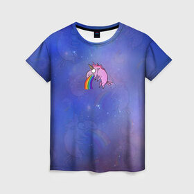 Женская футболка 3D с принтом Единорог, блюющий радугой в Новосибирске, 100% полиэфир ( синтетическое хлопкоподобное полотно) | прямой крой, круглый вырез горловины, длина до линии бедер | bird born | блевать | единорог | иллюстратор | кот степан | коты | милота | радуга | тошнит