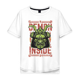 Мужская футболка хлопок Oversize с принтом Demon inside в Новосибирске, 100% хлопок | свободный крой, круглый ворот, “спинка” длиннее передней части | demon | green | inside | japan | ninja | samurai | внутри | демон | зеленый | ниндзя | самурай | япония