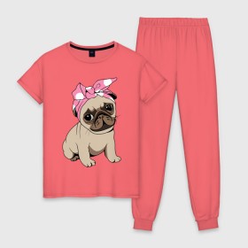 Женская пижама хлопок с принтом Собачка в Новосибирске, 100% хлопок | брюки и футболка прямого кроя, без карманов, на брюках мягкая резинка на поясе и по низу штанин | dog | pug | мопс | собака
