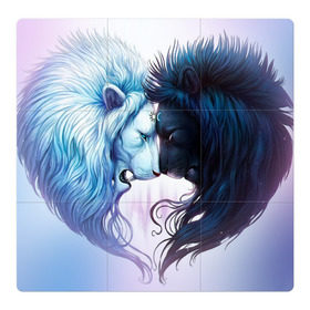 Магнитный плакат 3Х3 с принтом Lions love в Новосибирске, Полимерный материал с магнитным слоем | 9 деталей размером 9*9 см | Тематика изображения на принте: love | день | лев | львиное сердце | любовь | ночь | сердце