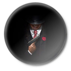 Значок с принтом Mafia в Новосибирске,  металл | круглая форма, металлическая застежка в виде булавки | gangster | gun | gungster | illustration | mafia | арт | галстук | гангстер | гвоздика | зубы | костюм | крестный отец | мафия | минимализм | оружие | пистолет | пуля | темный | черный | шляпа