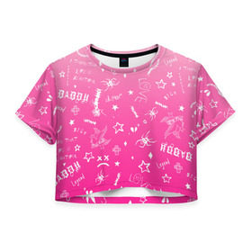 Женская футболка Cropp-top с принтом Lil Peep tatu в Новосибирске, 100% полиэстер | круглая горловина, длина футболки до линии талии, рукава с отворотами | hip hop | lil peep | lilpeep | lilpip | pink | rap | rep | runaway | лил пип | лилпип | реп | розовый | рэп | тату | татуировки лилпипа | хип хоп | эмо рэп