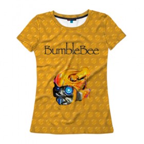 Женская футболка 3D с принтом BumbleBee в Новосибирске, 100% полиэфир ( синтетическое хлопкоподобное полотно) | прямой крой, круглый вырез горловины, длина до линии бедер | 2019 | bumble bee | transformers | арт | бамблби | желтая | киборг | классная | мёд | надпись | прикольная | пчела | робот | соты | трансформеры | улей | фильм