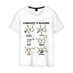 Мужская футболка хлопок с принтом Chemistry is awesome в Новосибирске, 100% хлопок | прямой крой, круглый вырез горловины, длина до линии бедер, слегка спущенное плечо. | adrenaline | alcohol | caffeine | chocolate | happiness | love | адреналин | атомы | кофеин | любовь | молекулы | потрясающая. наука | связи | счастье | удивительная | химия | шоколад