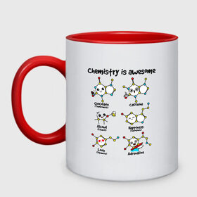 Кружка двухцветная с принтом Chemistry is awesome в Новосибирске, керамика | объем — 330 мл, диаметр — 80 мм. Цветная ручка и кайма сверху, в некоторых цветах — вся внутренняя часть | adrenaline | alcohol | caffeine | chocolate | happiness | love | адреналин | атомы | кофеин | любовь | молекулы | потрясающая. наука | связи | счастье | удивительная | химия | шоколад
