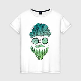 Женская футболка хлопок с принтом Mountain man в Новосибирске, 100% хлопок | прямой крой, круглый вырез горловины, длина до линии бедер, слегка спущенное плечо | борода | велосипед | горы | лес | лицо | очки | путешествия | турист | усы | шапка