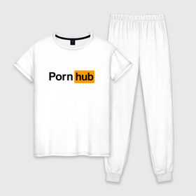 Женская пижама хлопок с принтом PornHub в Новосибирске, 100% хлопок | брюки и футболка прямого кроя, без карманов, на брюках мягкая резинка на поясе и по низу штанин | brazzers | браззерс
