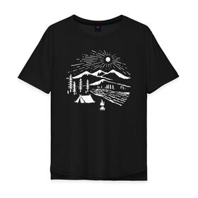 Мужская футболка хлопок Oversize с принтом Поход в Новосибирске, 100% хлопок | свободный крой, круглый ворот, “спинка” длиннее передней части | горы | костёр | лес | озеро | палатка | приключения | природа | путешествие | речка | солнце | турист
