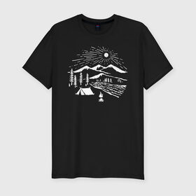 Мужская футболка премиум с принтом Поход в Новосибирске, 92% хлопок, 8% лайкра | приталенный силуэт, круглый вырез ворота, длина до линии бедра, короткий рукав | горы | костёр | лес | озеро | палатка | приключения | природа | путешествие | речка | солнце | турист