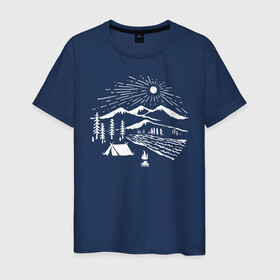 Мужская футболка хлопок с принтом Поход в Новосибирске, 100% хлопок | прямой крой, круглый вырез горловины, длина до линии бедер, слегка спущенное плечо. | горы | костёр | лес | озеро | палатка | приключения | природа | путешествие | речка | солнце | турист