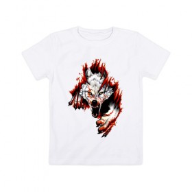Детская футболка хлопок с принтом Волк из груди в Новосибирске, 100% хлопок | круглый вырез горловины, полуприлегающий силуэт, длина до линии бедер | волчок | зверь | клыки | когти | кровь | оскал | плоть | хищник