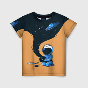 Детская футболка 3D с принтом Космонавт и чернила в Новосибирске, 100% гипоаллергенный полиэфир | прямой крой, круглый вырез горловины, длина до линии бедер, чуть спущенное плечо, ткань немного тянется | nasa | астронавт | астрономия | вселенная | звёзды | комета | космос | перо | планеты | скафандр | чернильница