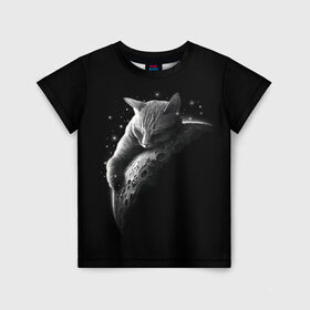 Детская футболка 3D с принтом Спящий Кот на Луне в Новосибирске, 100% гипоаллергенный полиэфир | прямой крой, круглый вырез горловины, длина до линии бедер, чуть спущенное плечо, ткань немного тянется | вселенная | звезды | космос | котейка | котенок | котэ | котя | лапочка | луна | милый | мимими | ночь | прелесть | сон | спутник