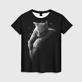 Женская футболка 3D с принтом Спящий Кот на Луне в Новосибирске, 100% полиэфир ( синтетическое хлопкоподобное полотно) | прямой крой, круглый вырез горловины, длина до линии бедер | Тематика изображения на принте: вселенная | звезды | космос | котейка | котенок | котэ | котя | лапочка | луна | милый | мимими | ночь | прелесть | сон | спутник