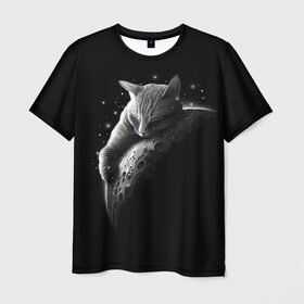 Мужская футболка 3D с принтом Спящий Кот на Луне в Новосибирске, 100% полиэфир | прямой крой, круглый вырез горловины, длина до линии бедер | вселенная | звезды | космос | котейка | котенок | котэ | котя | лапочка | луна | милый | мимими | ночь | прелесть | сон | спутник