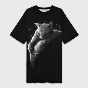 Платье-футболка 3D с принтом Спящий Кот на Луне в Новосибирске,  |  | вселенная | звезды | космос | котейка | котенок | котэ | котя | лапочка | луна | милый | мимими | ночь | прелесть | сон | спутник