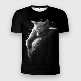 Мужская футболка 3D спортивная с принтом Спящий Кот на Луне в Новосибирске, 100% полиэстер с улучшенными характеристиками | приталенный силуэт, круглая горловина, широкие плечи, сужается к линии бедра | Тематика изображения на принте: вселенная | звезды | космос | котейка | котенок | котэ | котя | лапочка | луна | милый | мимими | ночь | прелесть | сон | спутник
