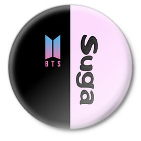 Значок с принтом BTS Suga в Новосибирске,  металл | круглая форма, металлическая застежка в виде булавки | bts | suga | бтс | группа | корейская | музыка | розовый | цветы | черный