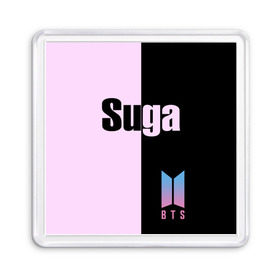 Магнит 55*55 с принтом BTS Suga в Новосибирске, Пластик | Размер: 65*65 мм; Размер печати: 55*55 мм | bts | suga | бтс | группа | корейская | музыка | розовый | цветы | черный