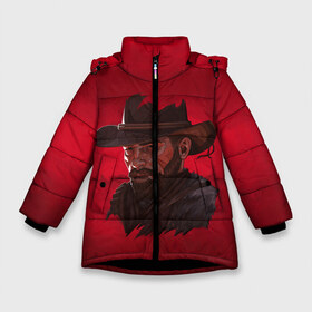 Зимняя куртка для девочек 3D с принтом Red Dead Redemption в Новосибирске, ткань верха — 100% полиэстер; подклад — 100% полиэстер, утеплитель — 100% полиэстер. | длина ниже бедра, удлиненная спинка, воротник стойка и отстегивающийся капюшон. Есть боковые карманы с листочкой на кнопках, утяжки по низу изделия и внутренний карман на молнии. 

Предусмотрены светоотражающий принт на спинке, радужный светоотражающий элемент на пуллере молнии и на резинке для утяжки. | dead | gamer | john | marston | rdr | red | redemption | rockstar | shooter | western | вестерн | джон | марстон | шутер