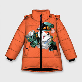 Зимняя куртка для девочек 3D с принтом JOJO Bizzare Adventure в Новосибирске, ткань верха — 100% полиэстер; подклад — 100% полиэстер, утеплитель — 100% полиэстер. | длина ниже бедра, удлиненная спинка, воротник стойка и отстегивающийся капюшон. Есть боковые карманы с листочкой на кнопках, утяжки по низу изделия и внутренний карман на молнии. 

Предусмотрены светоотражающий принт на спинке, радужный светоотражающий элемент на пуллере молнии и на резинке для утяжки. | Тематика изображения на принте: adventure | anime | bizzare | jo jo | jojo | logo | manga | аниме | араки | ахегао | джо | джо джо | джоджо | жижа | жожа | жожо | йойо | лого | манга | мульт | мультфильм | отаку | сериал | символ | хирохико | юри | яой