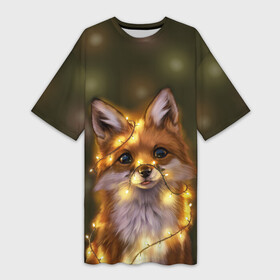Платье-футболка 3D с принтом Лисёнок и гирлянда в Новосибирске,  |  | лампочки | лис | лиса | лисица | огоньки | праздник | рыжая
